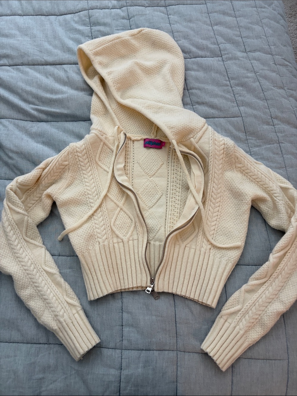 Edikted Cream Hooded Cable Zip-Up Cardigan